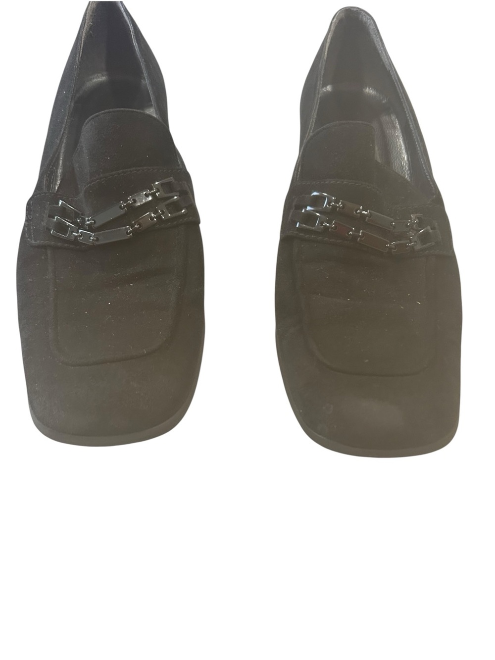 Stuart Weitzman Black Suede Loafer 9.5 B Chain Block Heel dark academia office - Picture 6 of 16